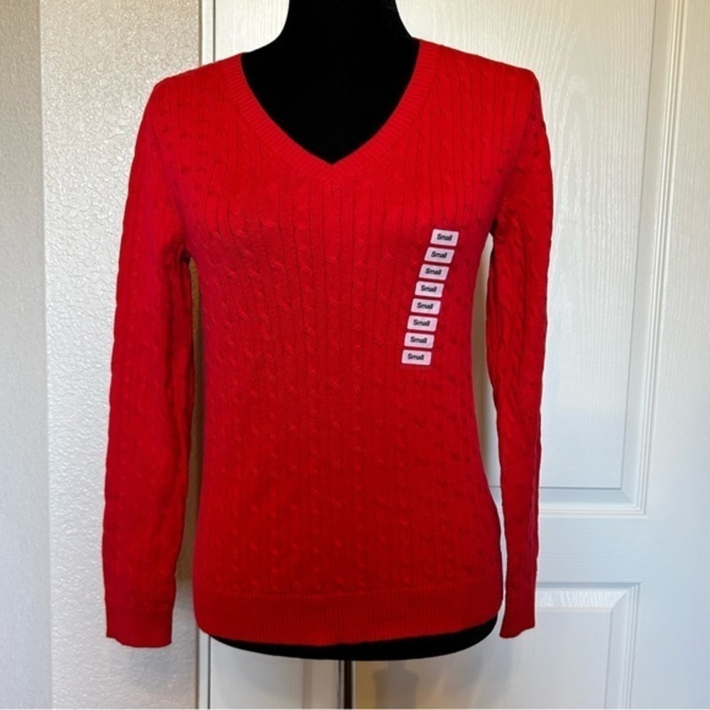 NWT Charter Club Orange Pima Cotton‎ Cable Knit V Neckline Sweater Size Small